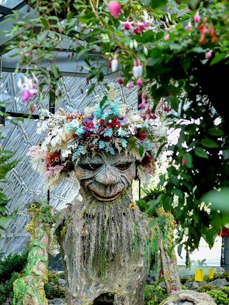 Whimsical floral sculpture at Gardens by the Bay's Floral Fantasy in Singapore.