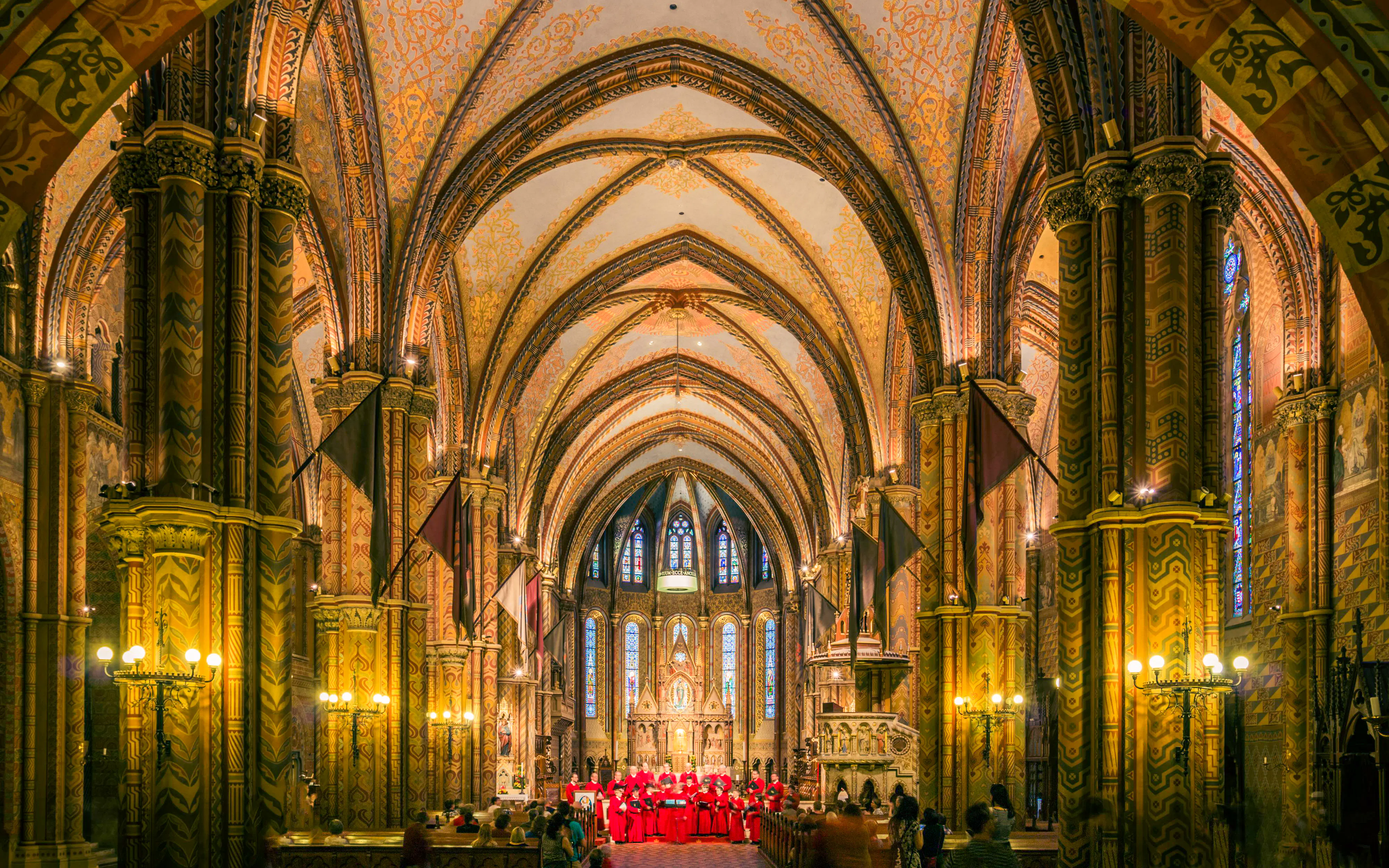 Interior of Matthias Church with choir singing, Budapest.