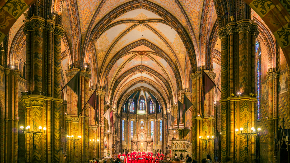 Interior of Matthias Church with choir singing, Budapest.