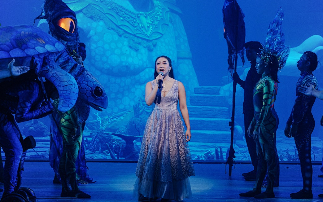 Performer singing at Varuna, Underwater Theatrical Dining Experience with aquatic-themed costumes.