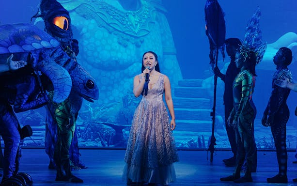 Performer singing at Varuna, Underwater Theatrical Dining Experience with aquatic-themed costumes.