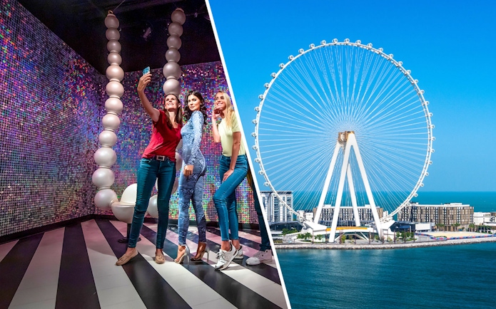 Visitors taking a selfie with a wax figure at Madame Tussauds Dubai.