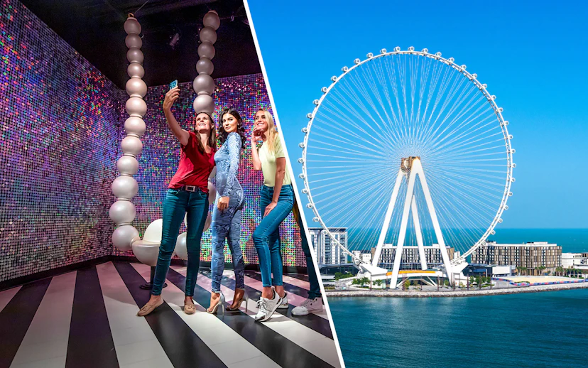 Visitors taking a selfie with a wax figure at Madame Tussauds Dubai.