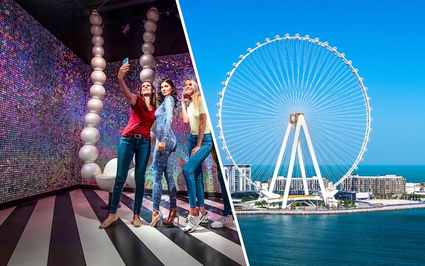 Visitors taking a selfie with a wax figure at Madame Tussauds Dubai.