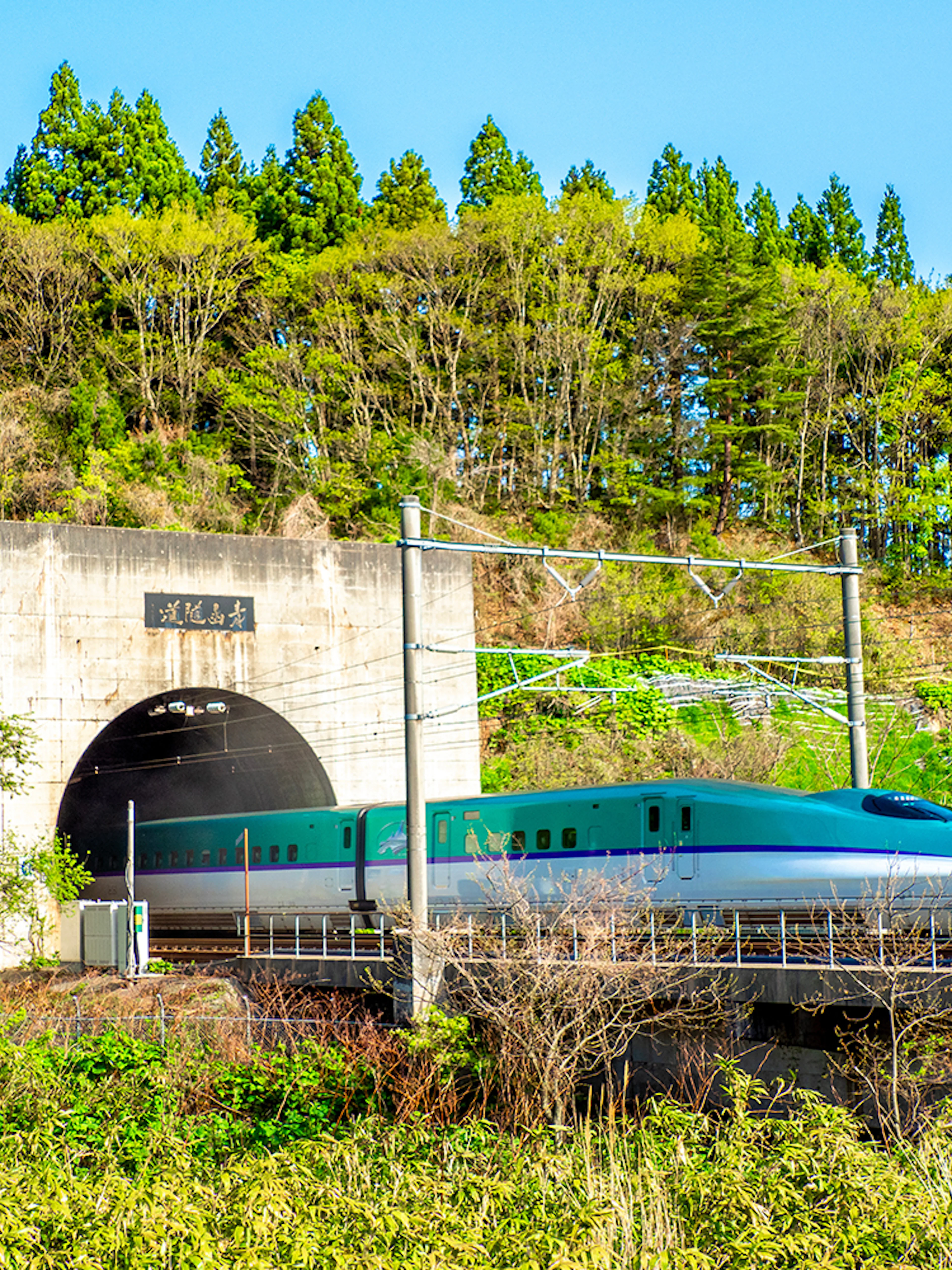 High-speed Hokkaido Shinkansen train entering Seikan Tunnel, Imabetsu, Aomori Prefecture, Japan.