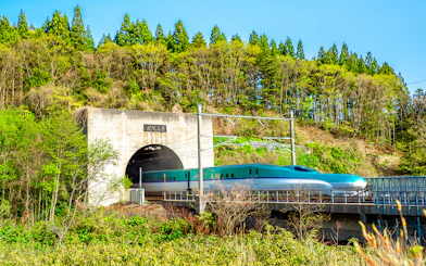 High-speed Hokkaido Shinkansen train entering Seikan Tunnel, Imabetsu, Aomori Prefecture, Japan.