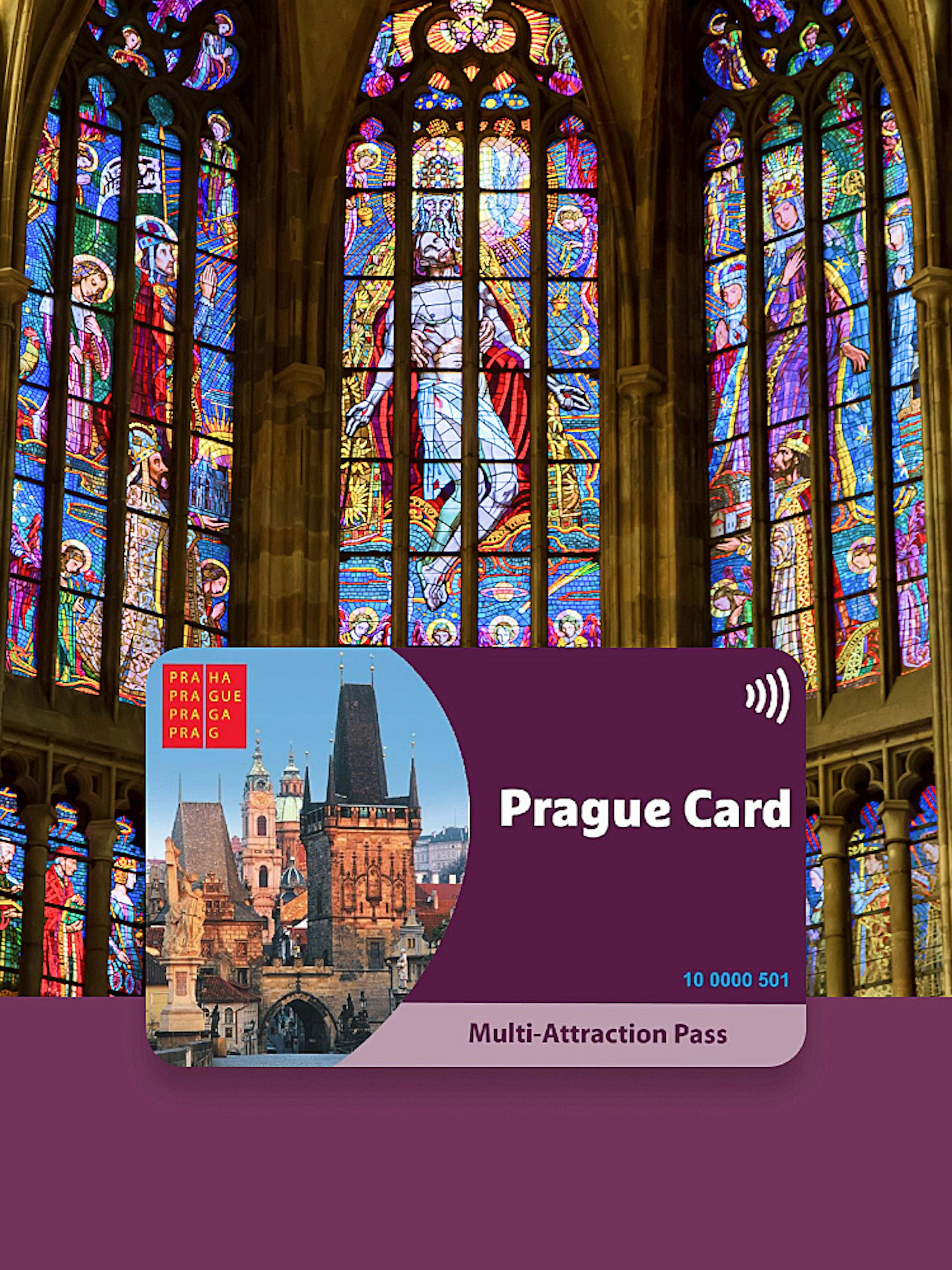 Prague Card displayed against stained glass windows in a historic cathedral.