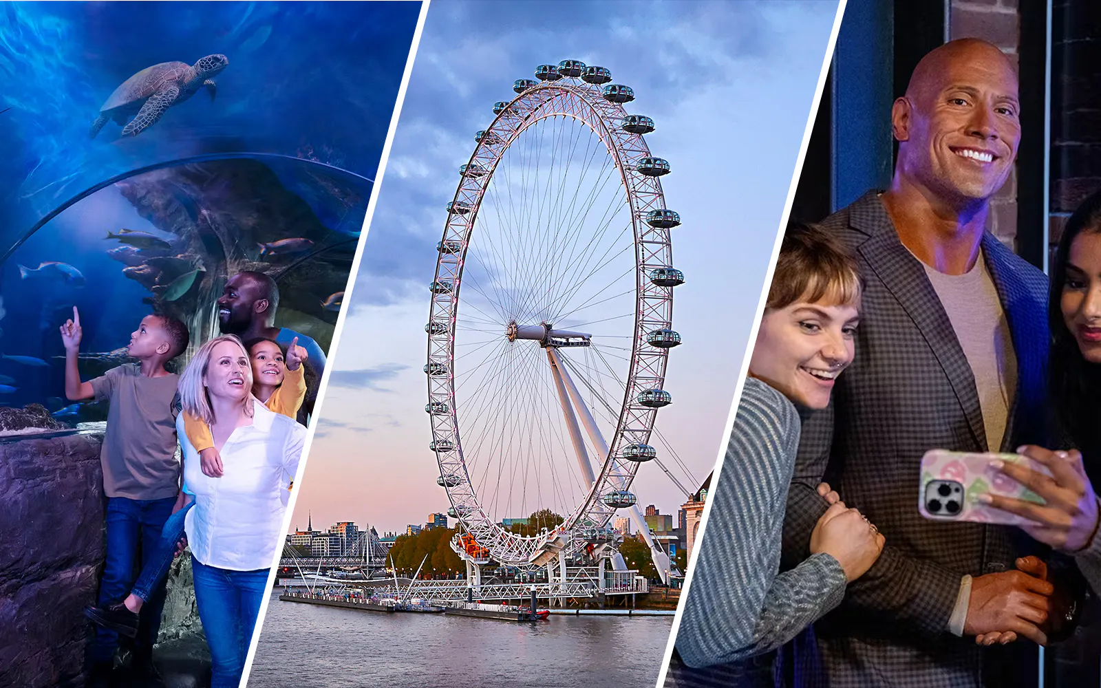 Sea Life London aquarium visit, London Eye view, and Madame Tussauds wax figure experience.