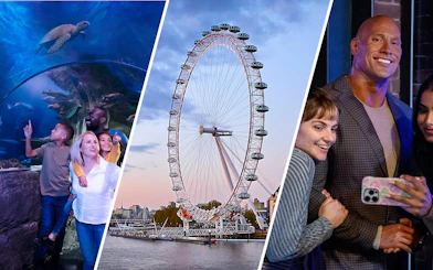 Sea Life London aquarium visit, London Eye view, and Madame Tussauds wax figure experience.