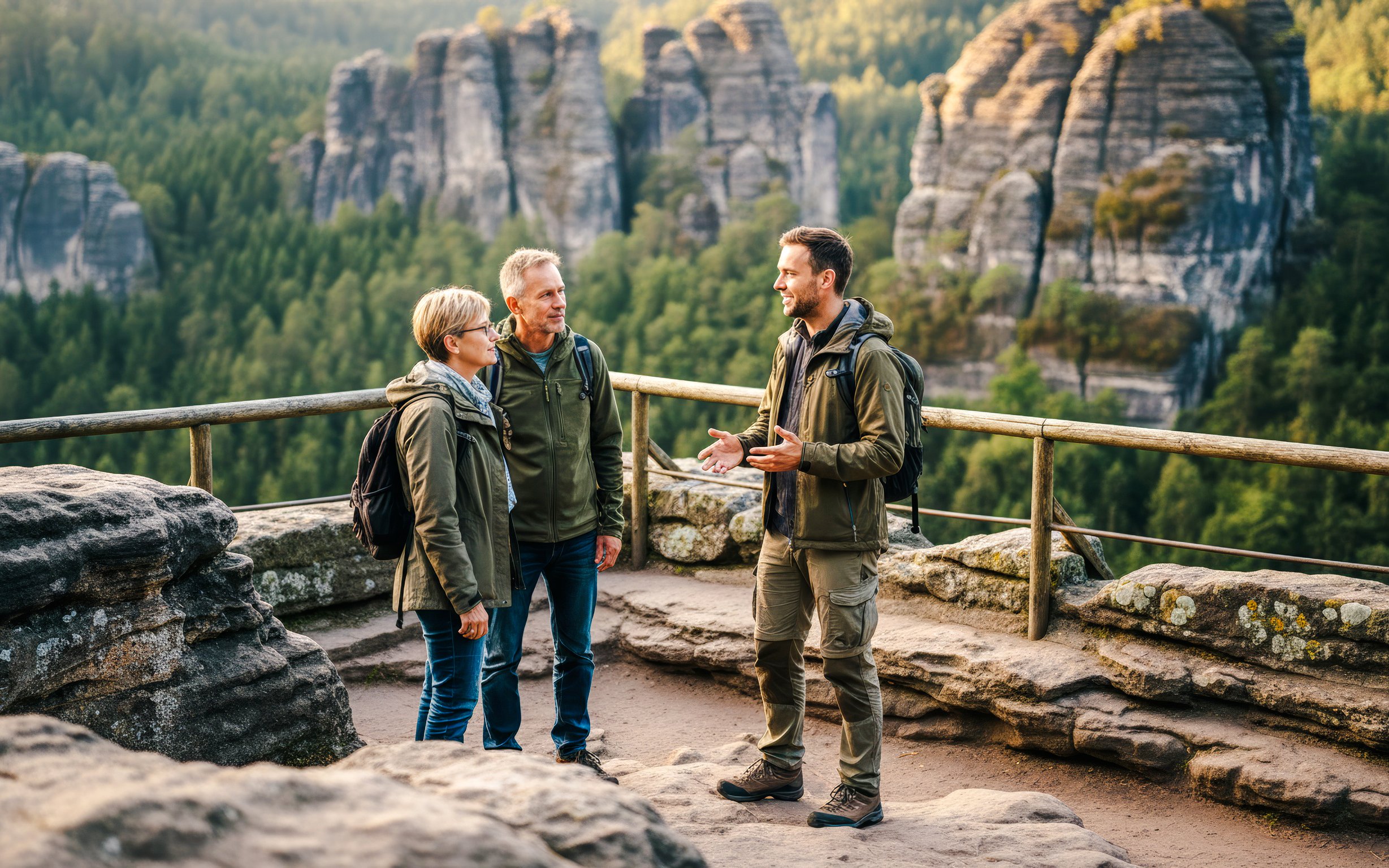 Tour guide explaining to guests during Saxon & Bohemian Switzerland Day Trip with rock formations in background.