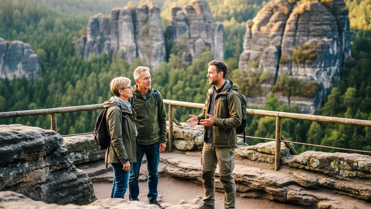 Tour guide explaining to guests during Saxon & Bohemian Switzerland Day Trip with rock formations in background.