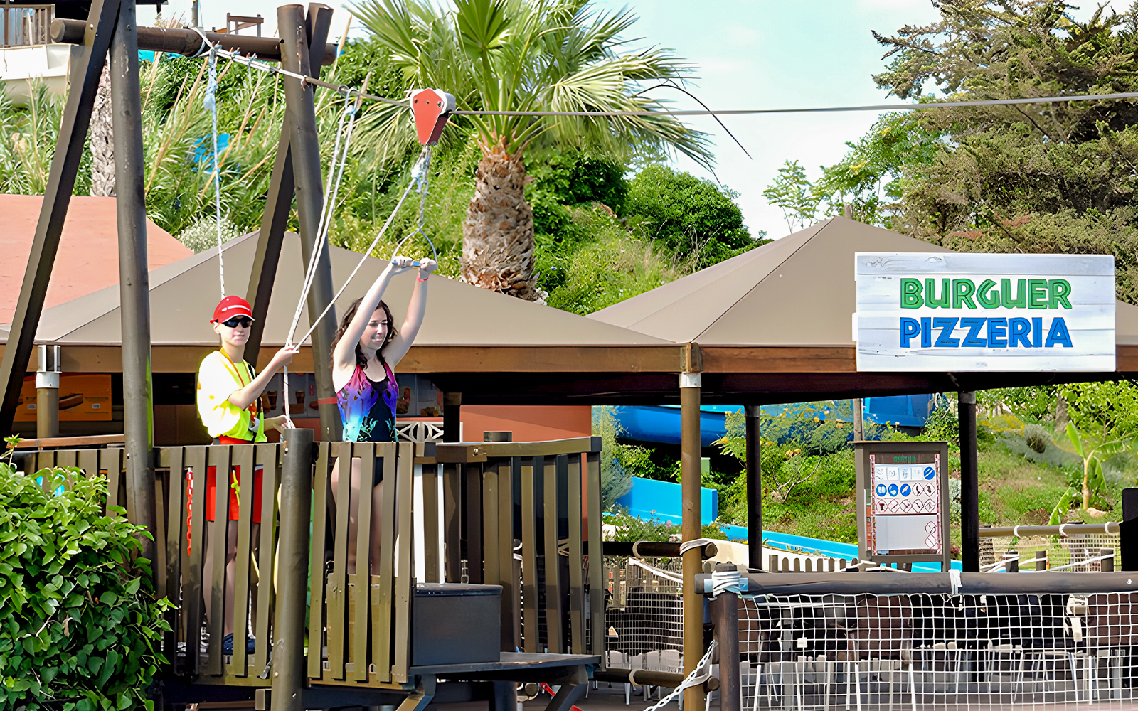 Visitors preparing for zip line at Aquopolis Torrevieja.