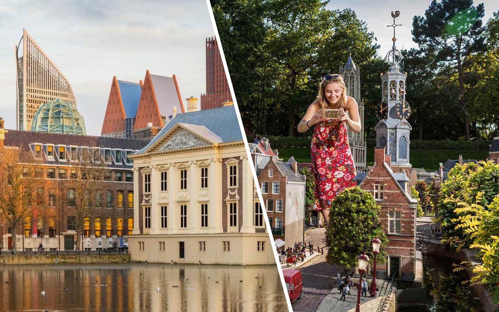 Mauritshuis museum by the water and Madurodam miniature park with visitor in The Hague.