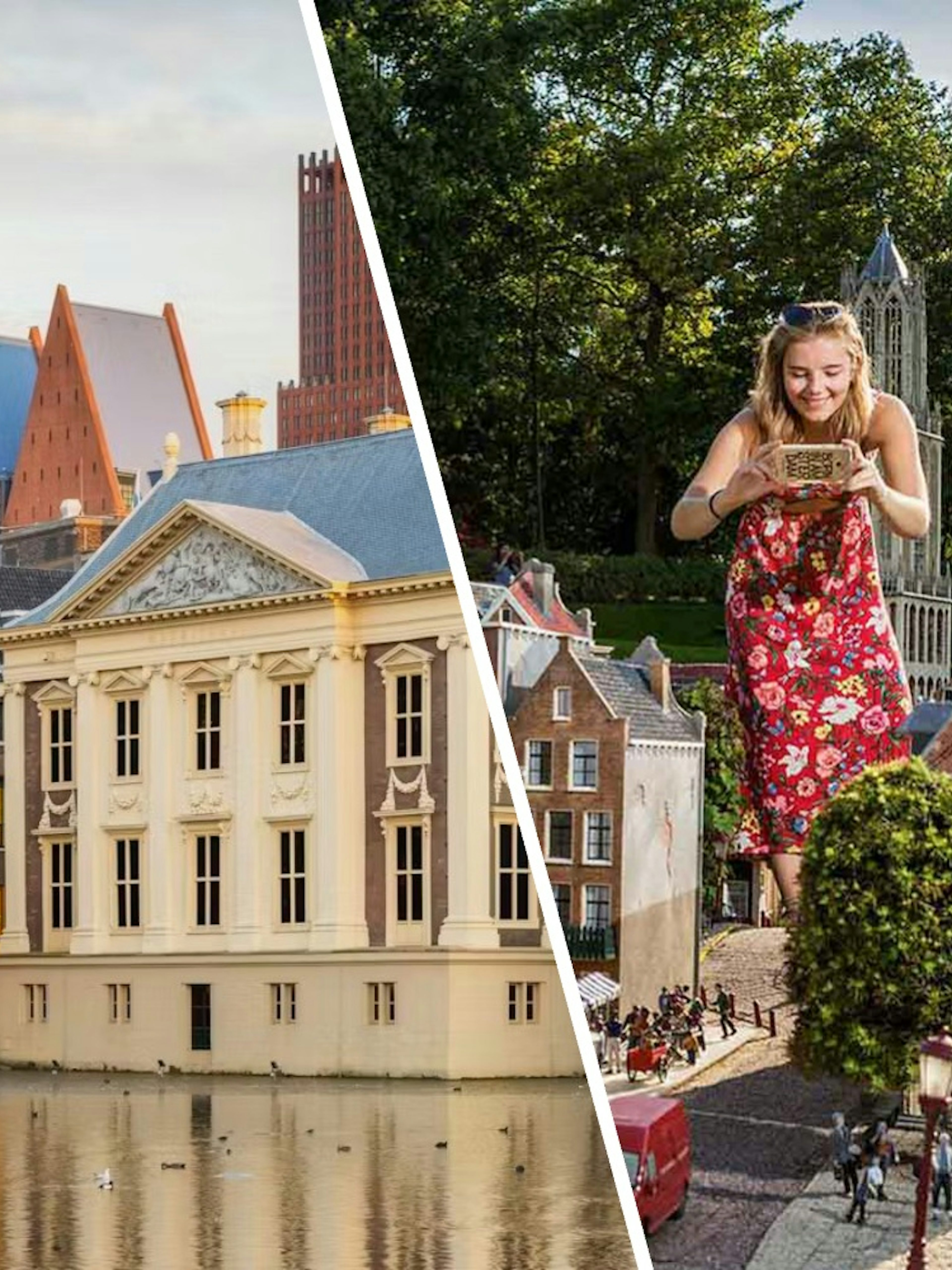 Mauritshuis museum by the water and Madurodam miniature park with visitor in The Hague.