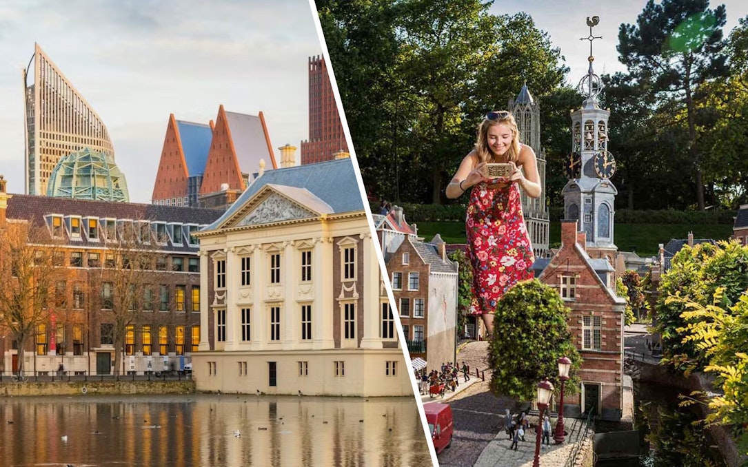 Mauritshuis museum by the water and Madurodam miniature park with visitor in The Hague.