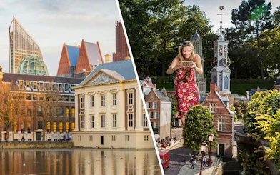 Mauritshuis museum by the water and Madurodam miniature park with visitor in The Hague.