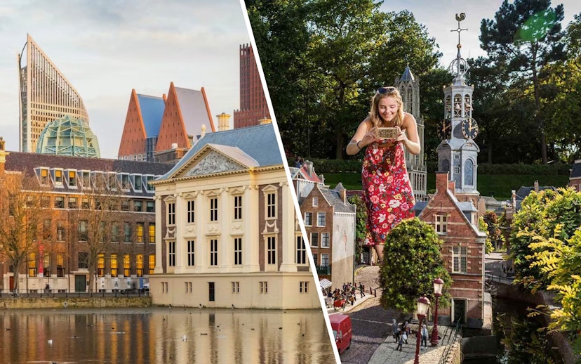 Mauritshuis museum by the water and Madurodam miniature park with visitor in The Hague.