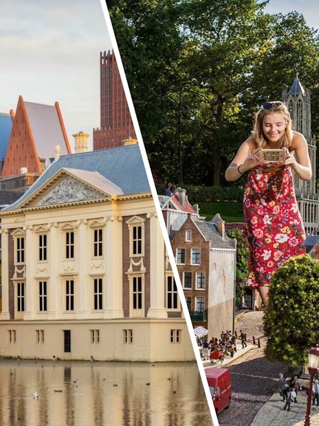 Mauritshuis museum by the water and Madurodam miniature park with visitor in The Hague.