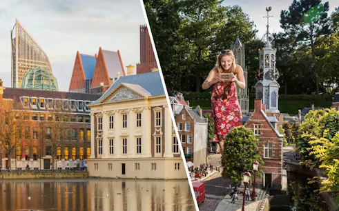 Mauritshuis museum by the water and Madurodam miniature park with visitor in The Hague.