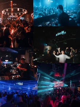 Crowded nightclub scene at Lío Ibiza with DJs performing and vibrant lighting displays.