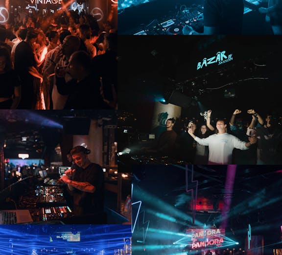 Crowded nightclub scene at Lío Ibiza with DJs performing and vibrant lighting displays.