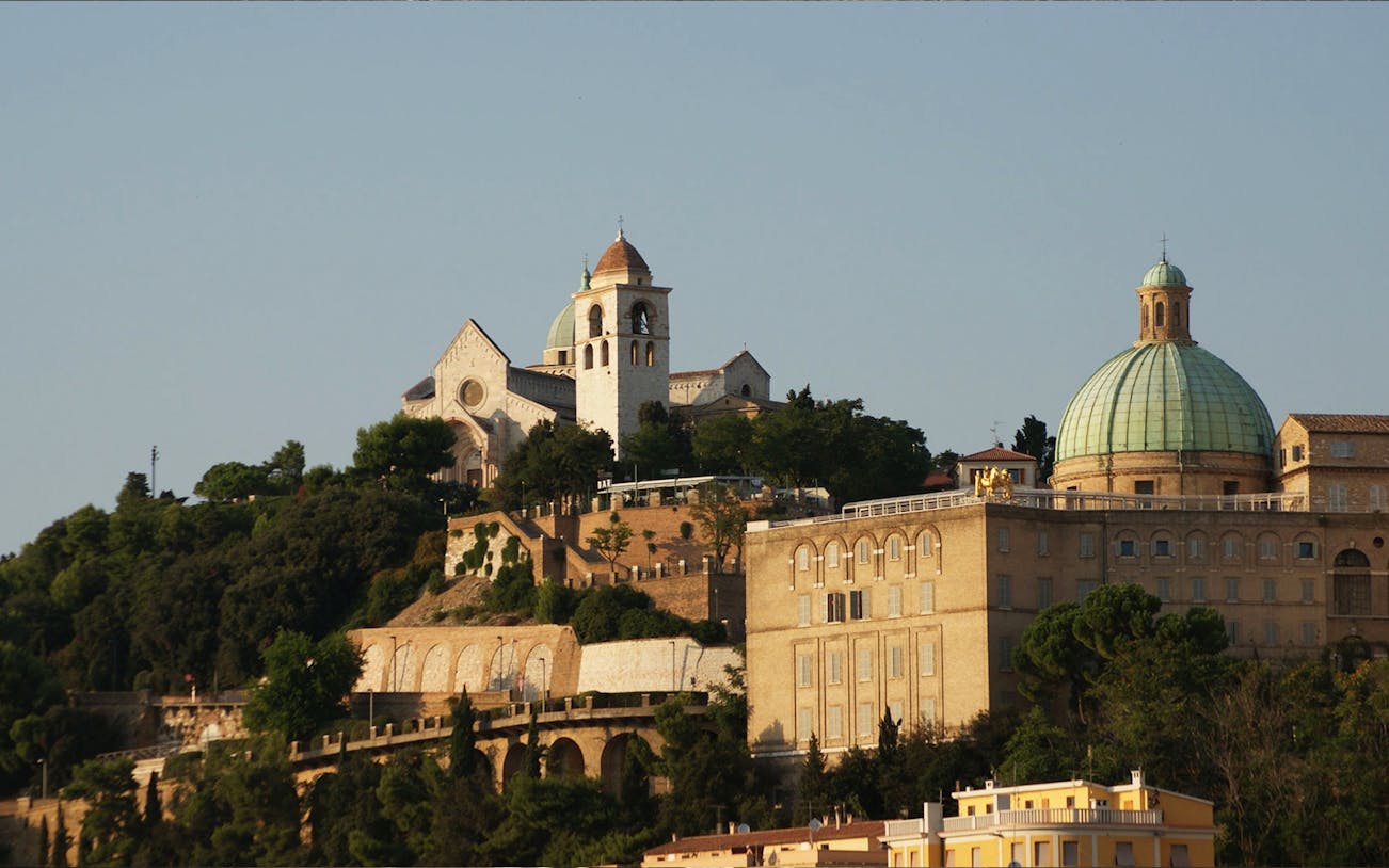 Ancona Cathedral and surrounding buildings on a hilltop in Ancona, Italy.