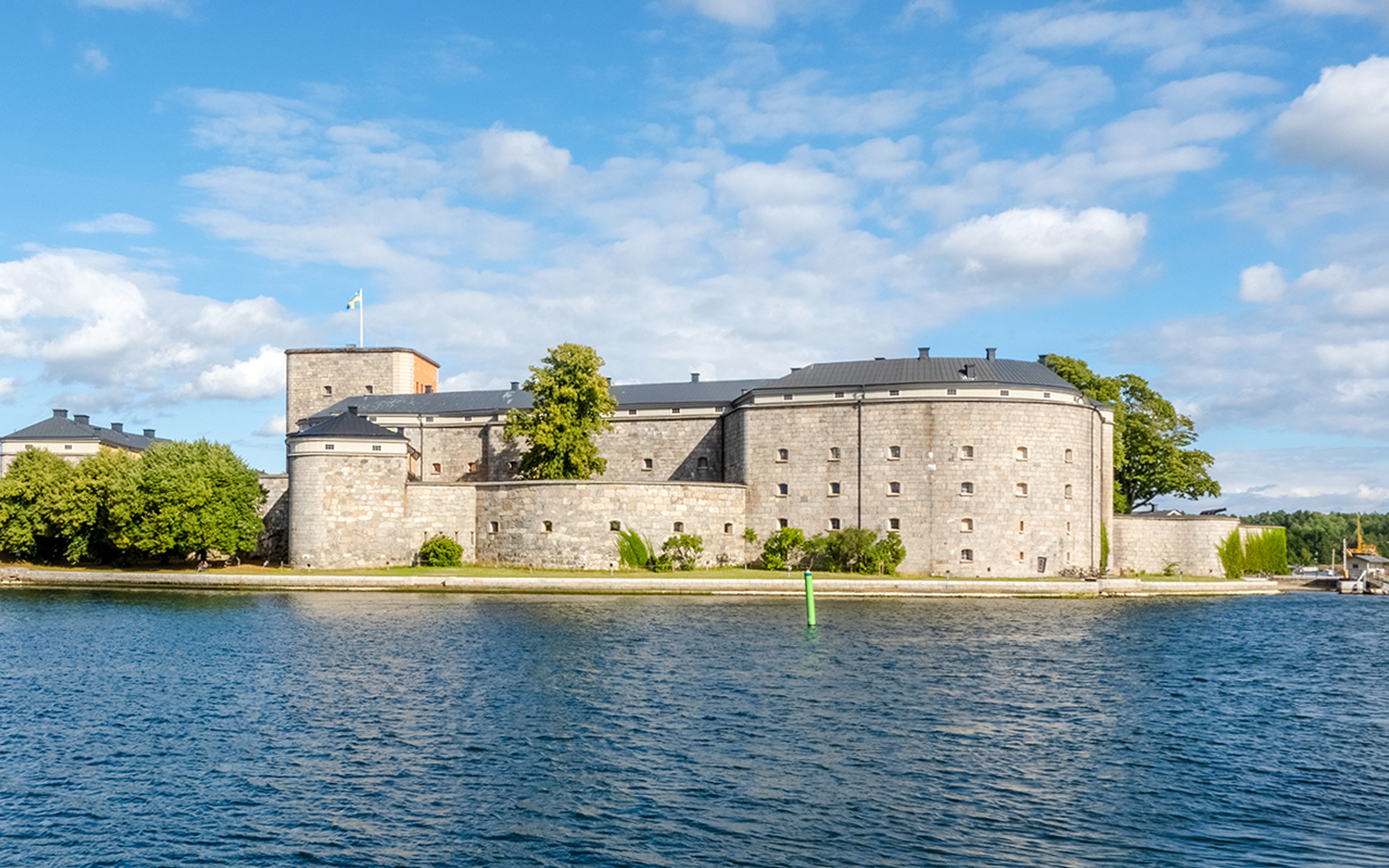 Vaxholms fortress viewed from the water during an archipelago sightseeing cruise.