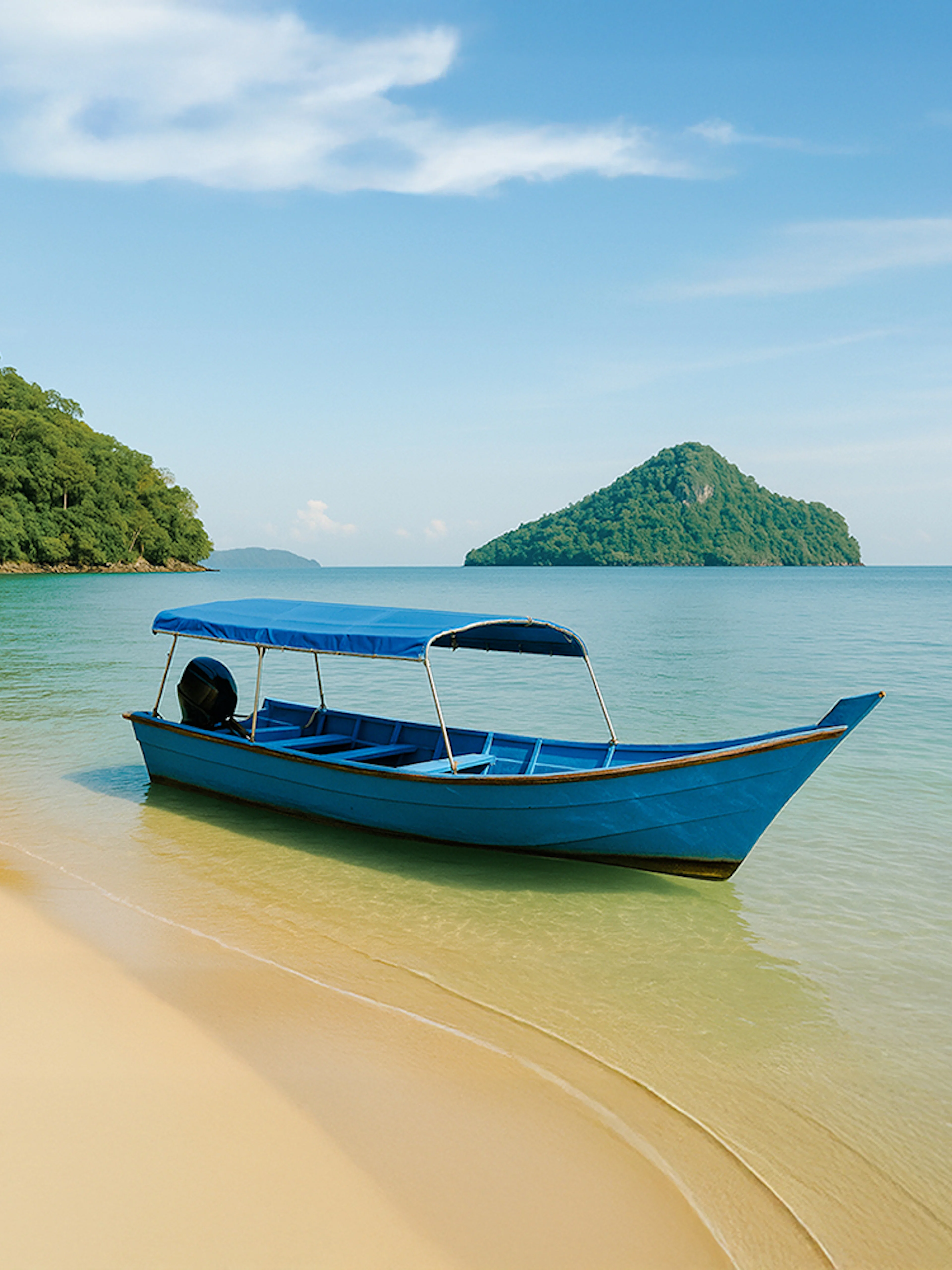 Speedboat on sandy beach with lush green island in Langkawi.
