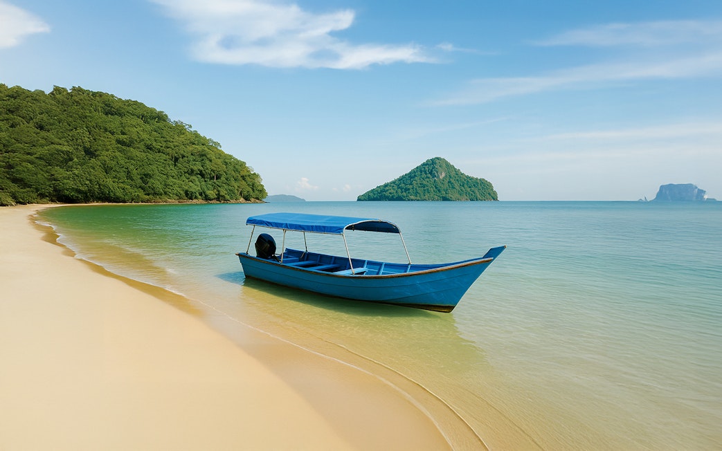 Speedboat on sandy beach with lush green island in Langkawi.