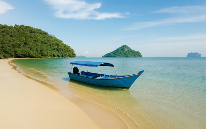 Speedboat on sandy beach with lush green island in Langkawi.