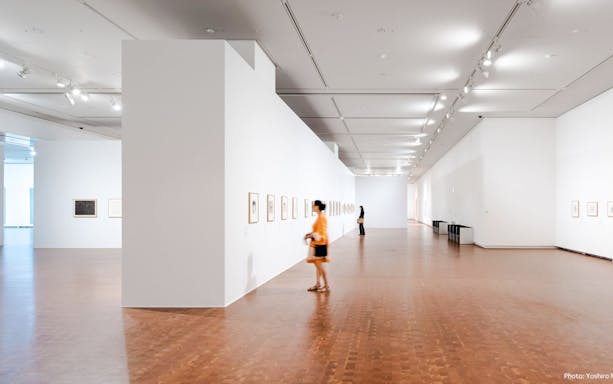 Visitor explores "Prolonged Emergencies" exhibition at The National Museum of Art, Osaka.
