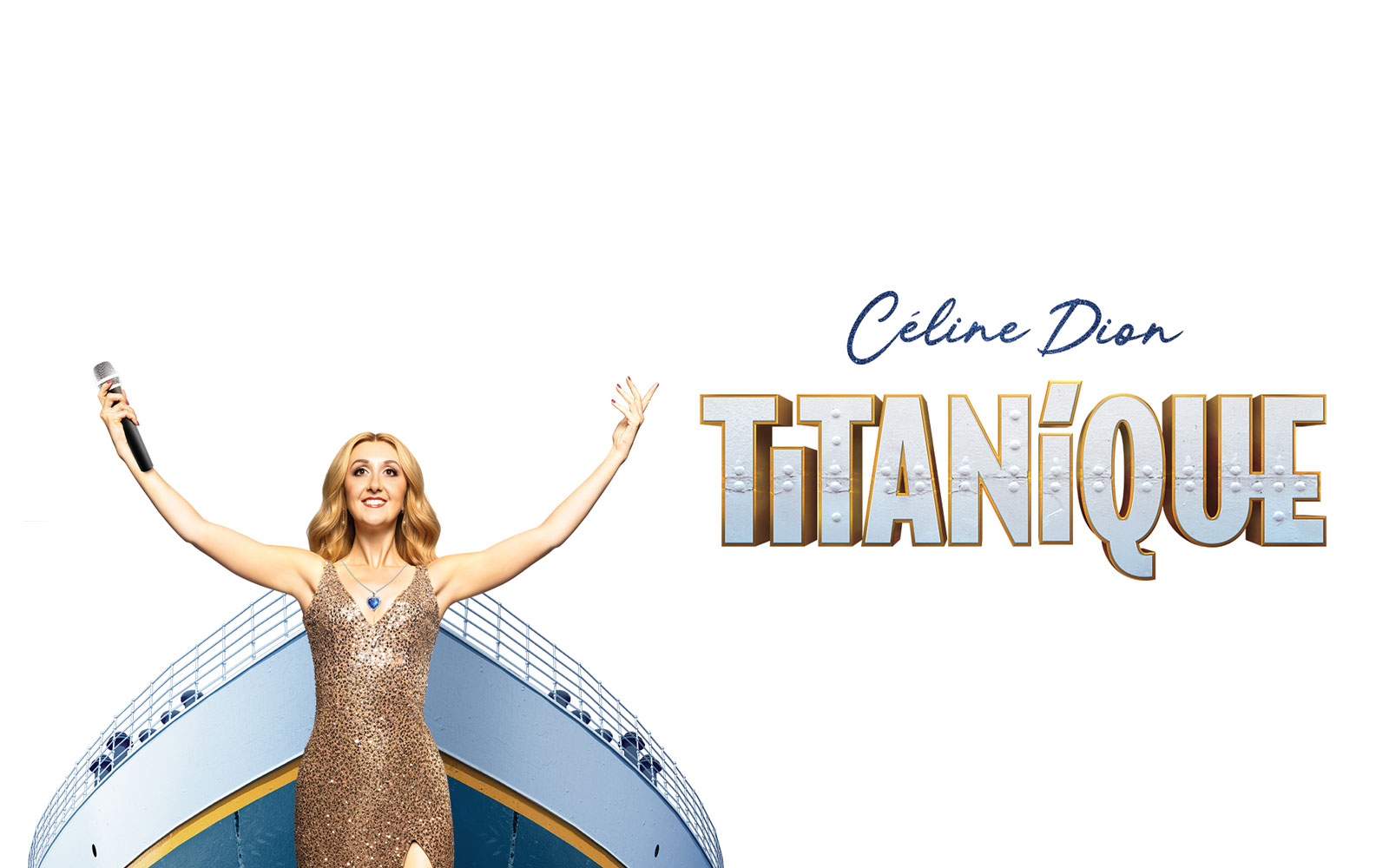 Performer with microphone in front of ship graphic for Titanique Westend show.