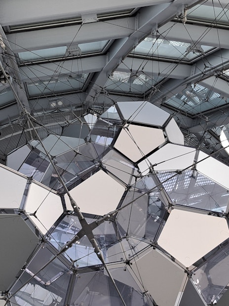 Geometric ceiling structure inside Glories Skyline Tower, Barcelona.