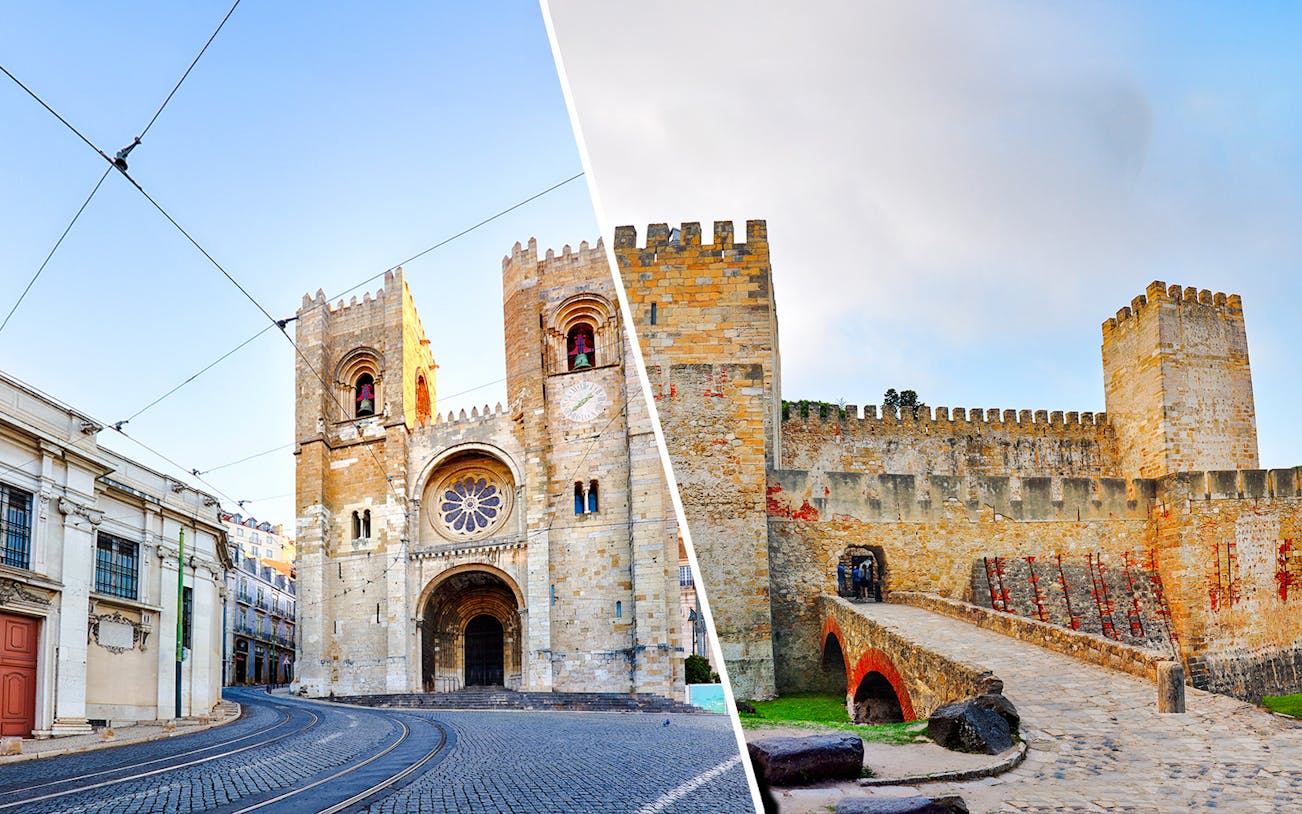 Lisbon Cathedral exterior with tourists exploring during the day.