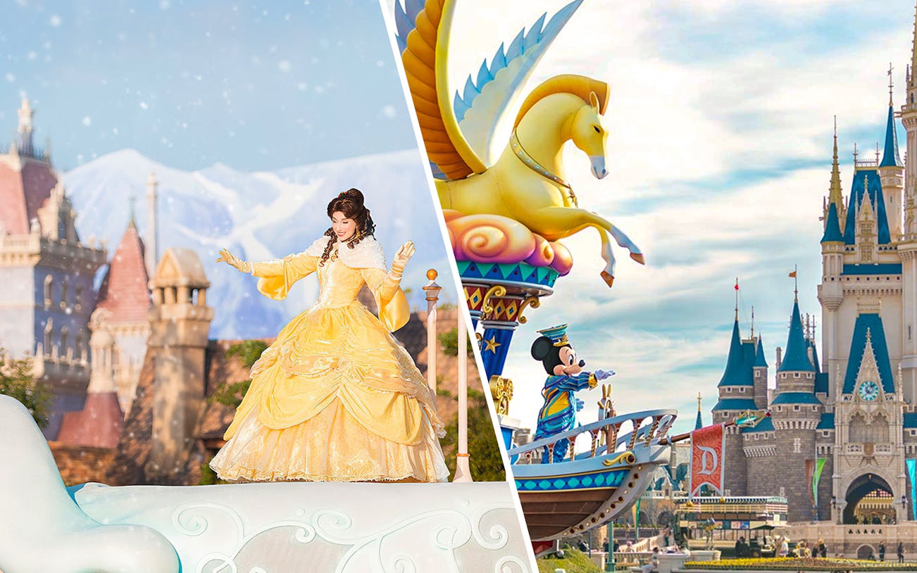 Tokyo Disneyland and DisneySea attractions with characters and castle backdrop.