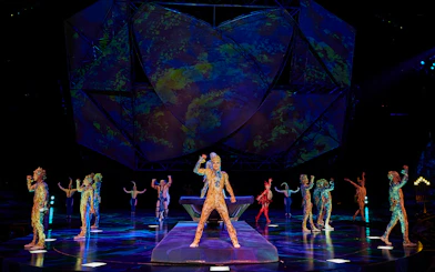 Performers in colorful costumes on stage during Mystère show.