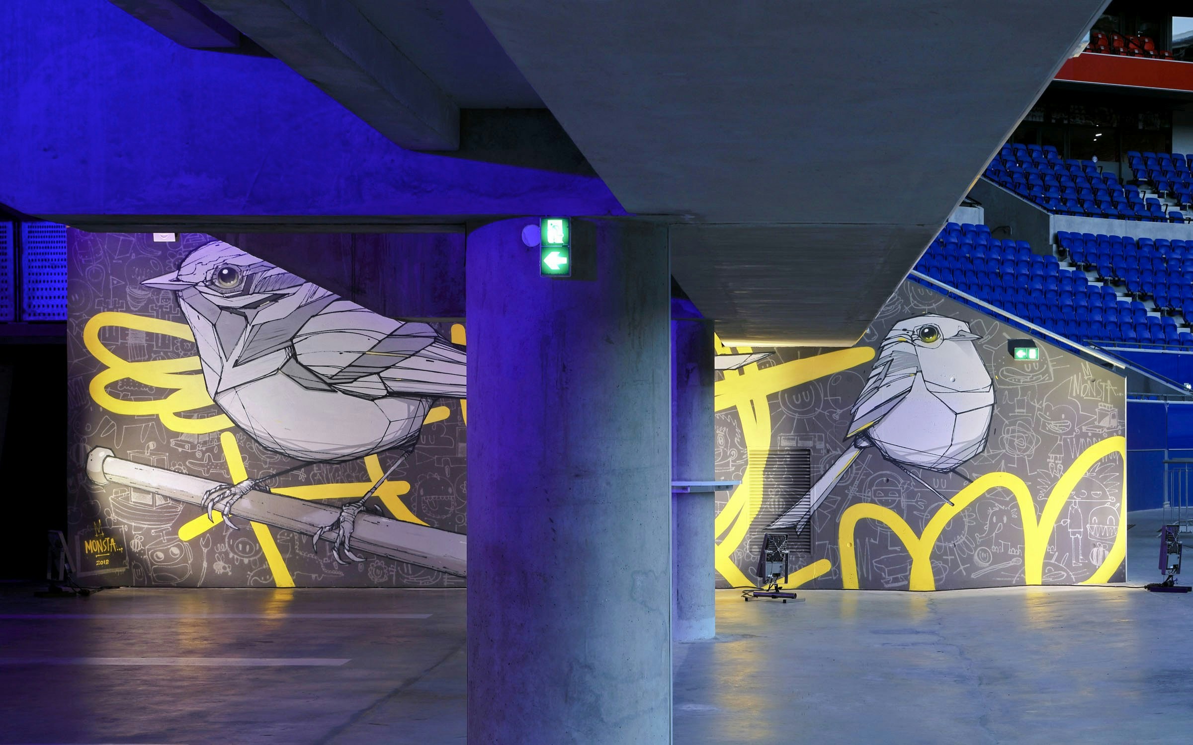 Street art of geometric birds at Offside Gallery, Olympique Lyonnais Groupama Stadium.