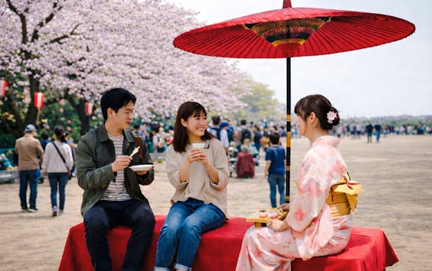 People enjoying food under cherry blossoms at Ōgimachi Sakura Festival.