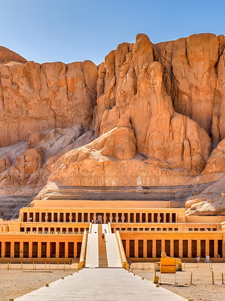 Mortuary Temple of Hatshepsut in Luxor, Egypt, with ancient columns and terraces.