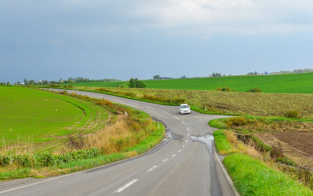 Winding road through Hokkaido's Biei countryside with green fields.