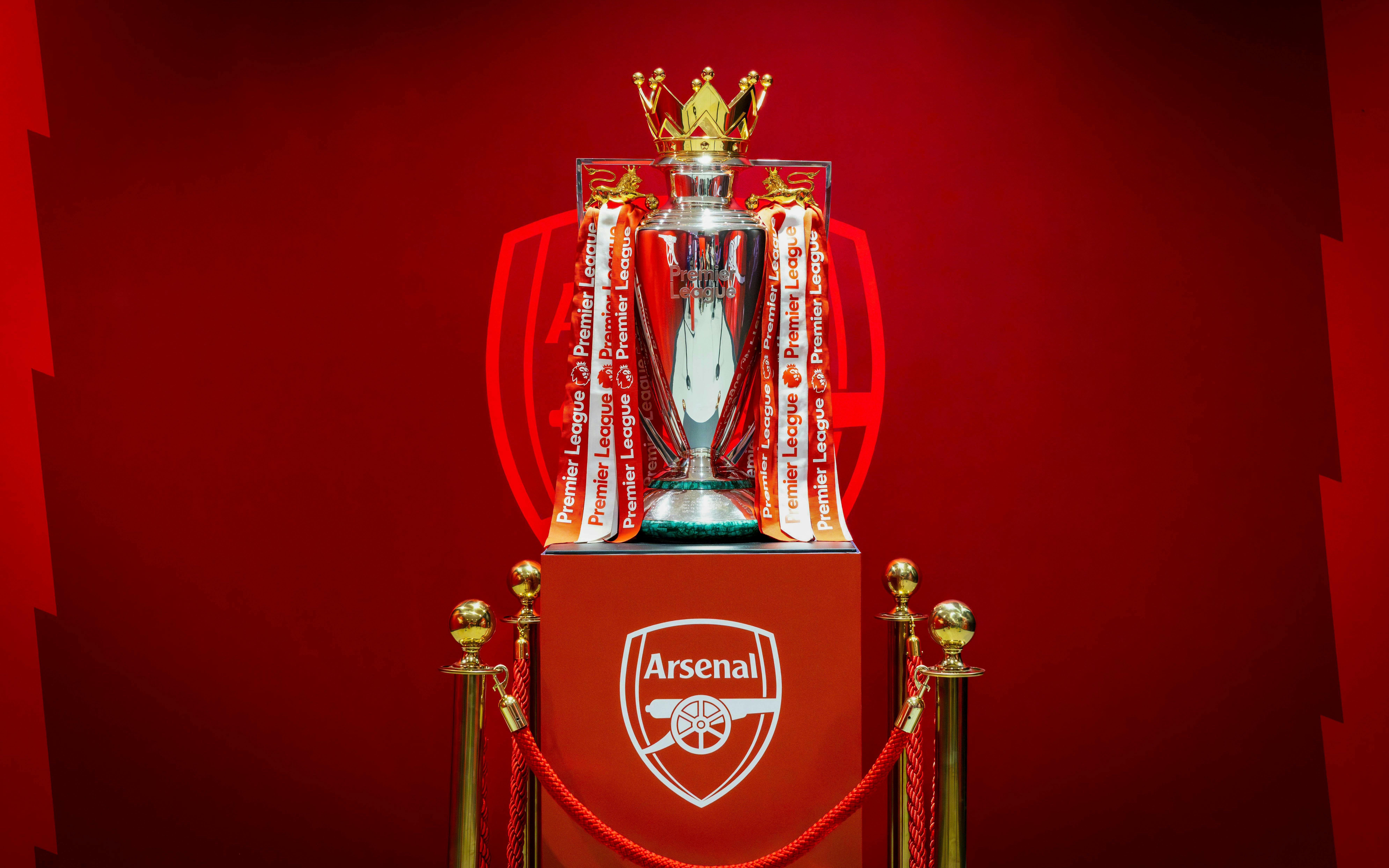 Premier League Trophy 2026 displayed at The Emirates Stadium.