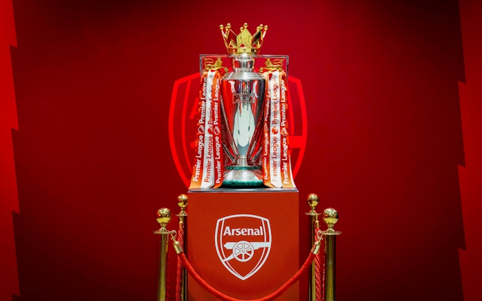 Premier League Trophy 2026 displayed at The Emirates Stadium.