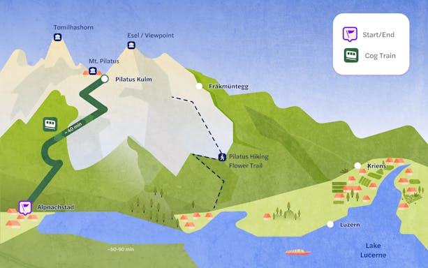 Map of the rack railroad route from Alpnachstad to Pilatus Kulm, highlighting Mt. Pilatus and hiking trails.
