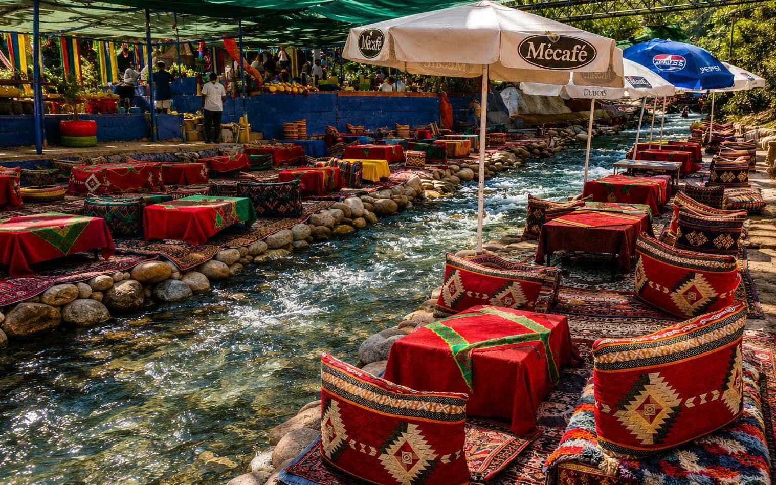 Outdoor dining setup by a stream in Ourika Valley, Marrakech, with colorful cushions and umbrellas.