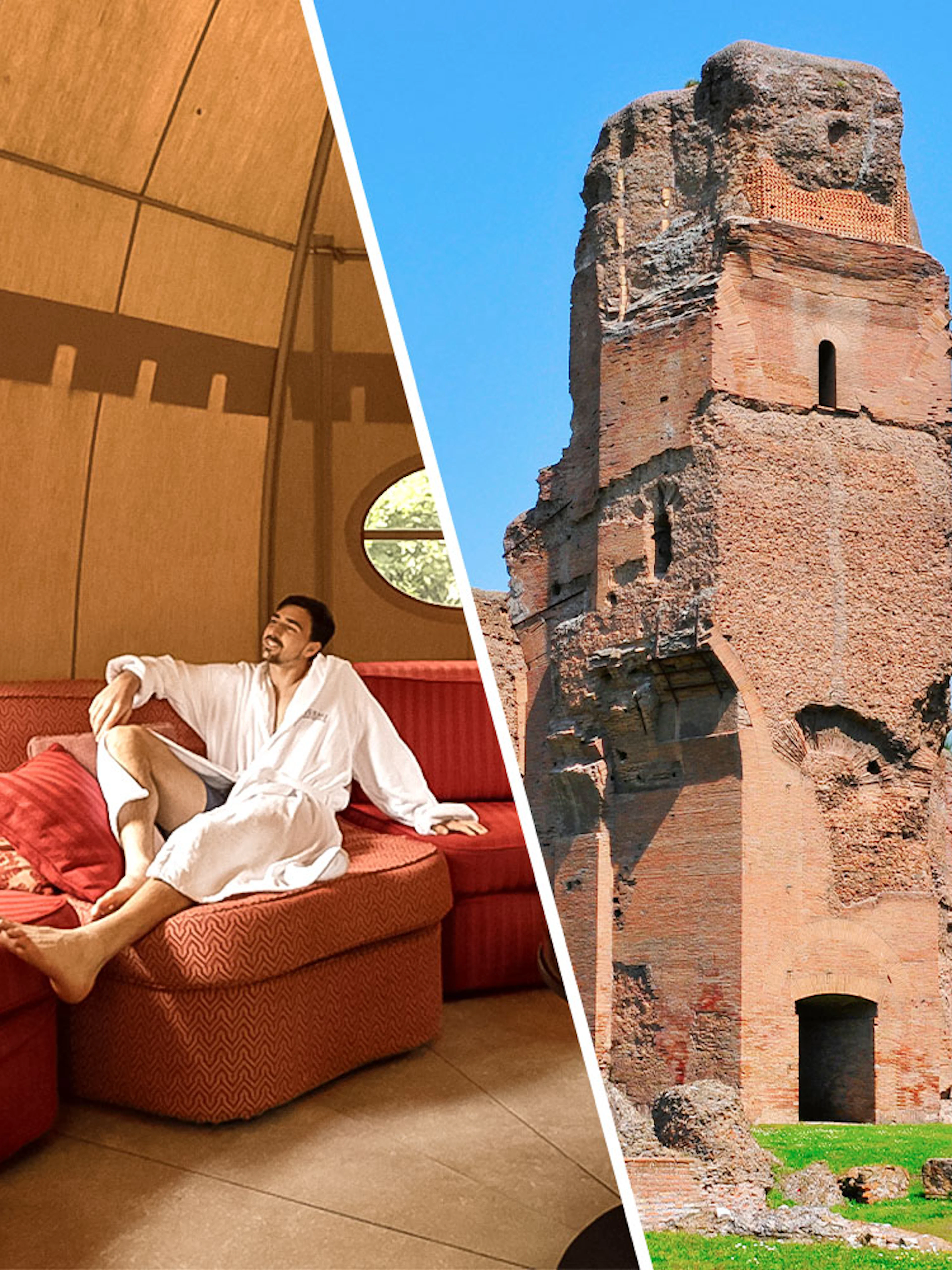 Man relaxing in QC Terme Roma spa lounge; ancient ruins of Baths of Caracalla in Rome.