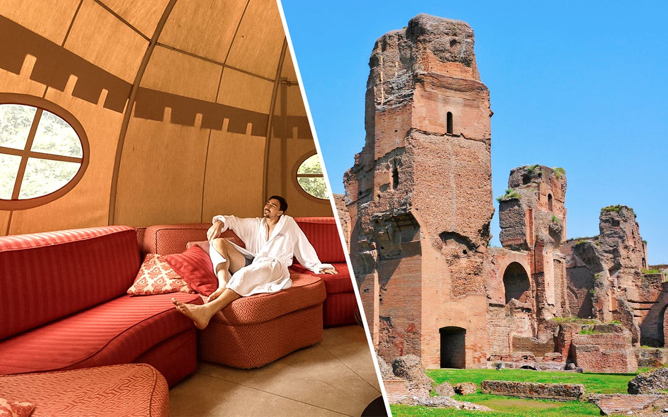 Man relaxing in QC Terme Roma spa lounge; ancient ruins of Baths of Caracalla in Rome.