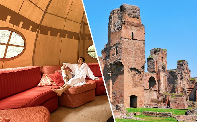 Man relaxing in QC Terme Roma spa lounge; ancient ruins of Baths of Caracalla in Rome.
