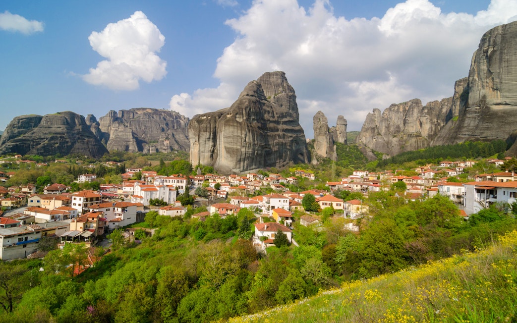 Meteora rock formations and village view on a private day tour from Athens.