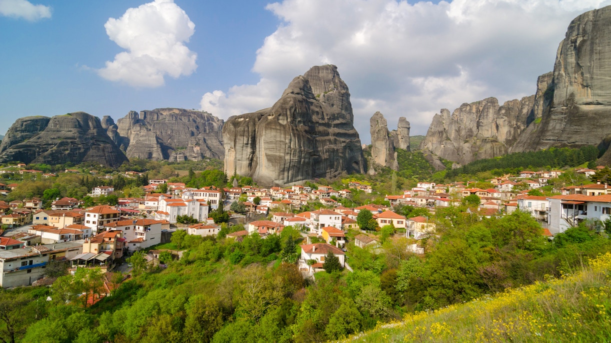 Meteora rock formations and village view on a private day tour from Athens.
