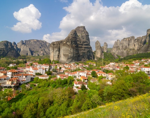 Meteora rock formations and village view on a private day tour from Athens.